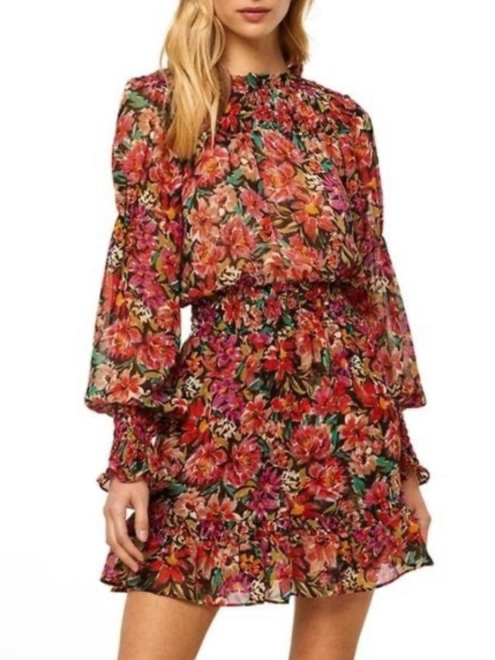Misa Los Angeles Marin Floral Long-Sleeve Smocked Mini Dress NWT $378
